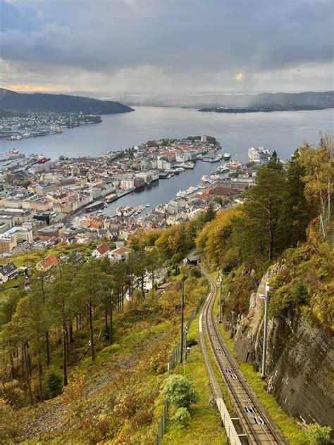 View of Bergen Harbor from Floibanen Funicular in Mount Floyen in ...