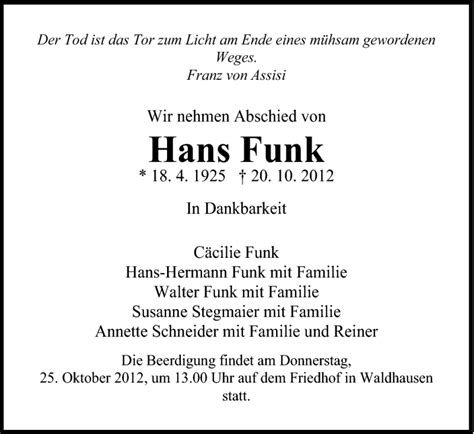 Traueranzeigen Von Hans Funk OstalbTrauer