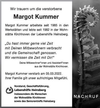 Traueranzeigen Von Margot Kummer Aachen Gedenkt