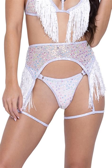 White Sequin Fringe Garter Belt Spicy Lingerie