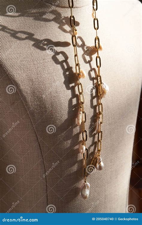 Gold Necklace With Pearls On Mannequin Close Up Stock Photo Image Of