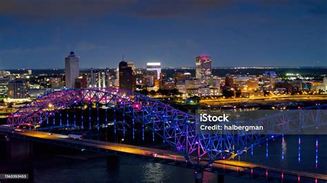 Light Show On The Hernando De Soto Bridge At Night With Downtown