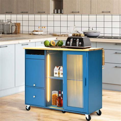 Runesay Navy Blue Rubberwood Drop Leaf In Led Light Kitchen Island