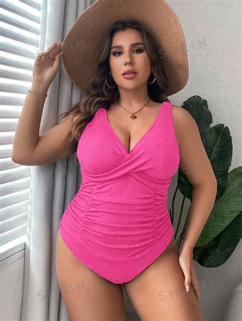 Shein Swim Curve Summer Beach Plus Size Solid Color V Neck Ruched One