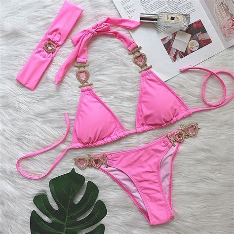 Bikini Rosa Con Diamantes De Imitaci N Para Mujer Ba Ador Sexy Con