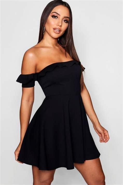 Off The Shoulder Frill Skater Dress Boohoo Dresses Bodycon Fashion