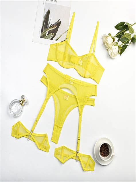 Ice Lingerie For Women Sexy Bra And Panty Set Sheer Mesh Lingerie Set，yellow L