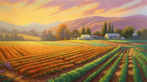 Premium AI Image | Stunning Farming Farmland Sunset Oil Painting ...