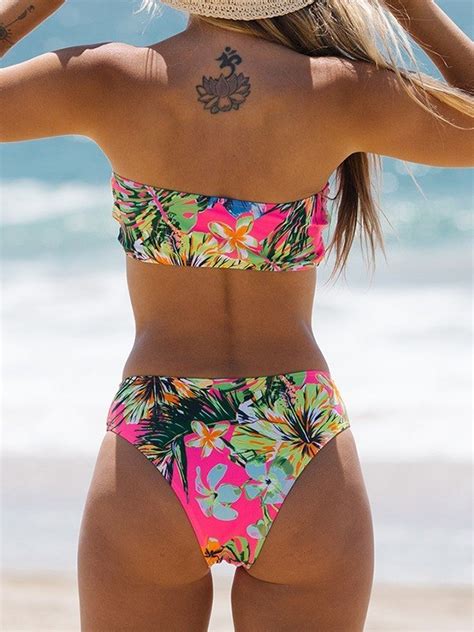 Emmiol Free Shipping 2024 Hawaiian Printed Bandeau Bikini Set Beetroot