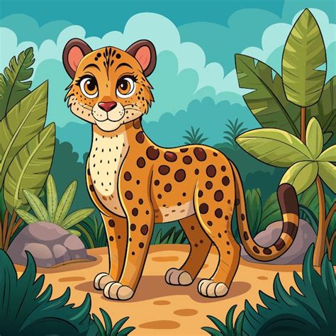 Uma Imagem De Desenho Animado De Um Leopardo Plantas Tropicais E