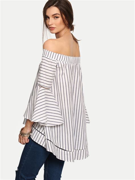 Полосатая блуза с открытыми плечами. рукав клеш | Blouses for women ...