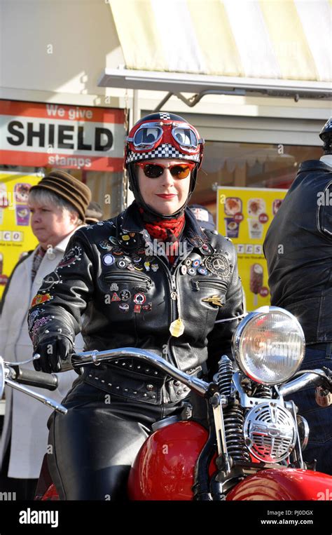 Female Period Motorcyclist In Retro Leathers At The Goodwood Revival