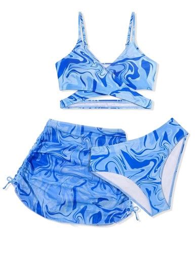 Girls Swimsuit 3 Piece Bikini Set With Cover Up Skirt Criss Cross Printed EBay