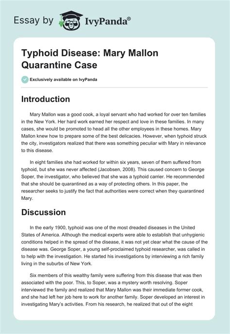 Typhoid Disease: Mary Mallon Quarantine Case - 832 Words | Critical Writing Example