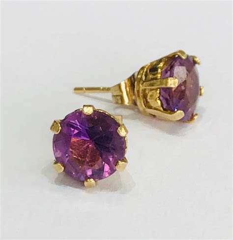 Superb Vintage 9ct Yellow Gold Amethyst Stud Earrings Hallmarked