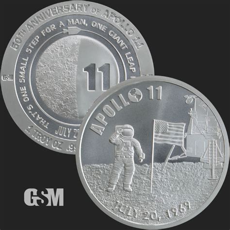 1 Oz Apollo 11 50th Anniversary Silver Bullion Round 999 Fine