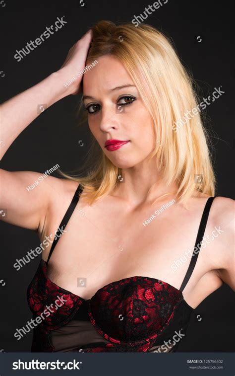 Pretty Blonde Woman Red Black Corset Stock Photo Shutterstock