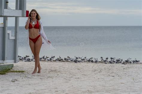 Lovely Blonde Bikini Model Posing Outdoors On A Caribbean Beach Near A Lifeguard Station Stock