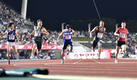 2018年の日本選手権。男子100メートルで優勝した山県亮太（左から2人目）。右から3位の桐生祥秀、2位のケンブリッジ飛鳥、4位の小池祐貴