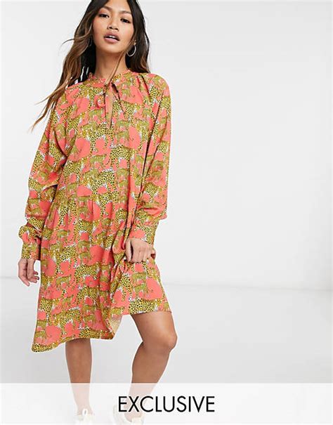 Native Youth Smock Dress With High Pleated Collar In Leopards Print Asos