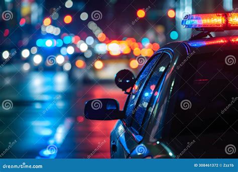 Police Car Lights at Night in City Street with Selective Focus and Bokeh Stock Photo - Image of ...