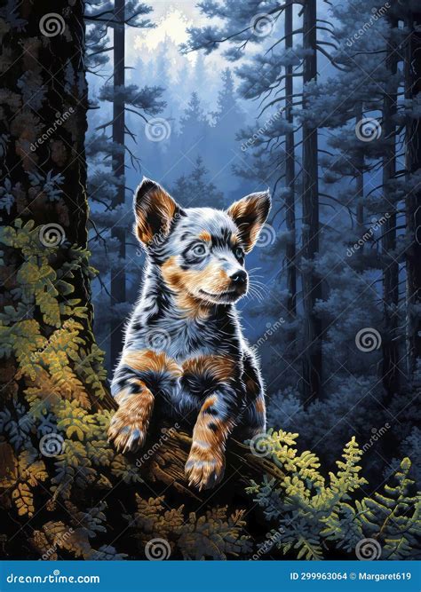 Adorable Cachorro De Heeler Azul En Pintura Forestal Stock De