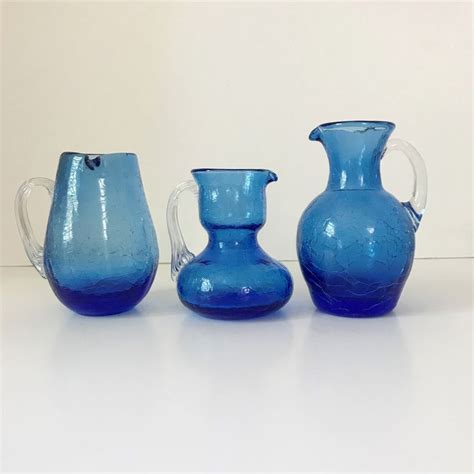 Mid Century Blue Mini Pitchers Crackle Glass Pilgrim Kanawha Vintage Cobalt Blue Hand Blown