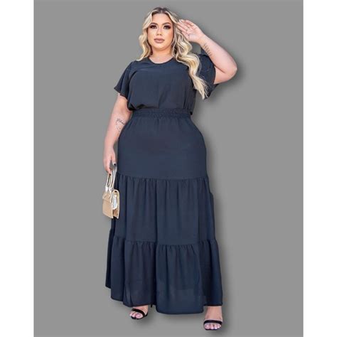 Conjunto De Saia E Blusa Plus Size - Conjunto feminino liso saia longa e blusa gola redonda plus size ...