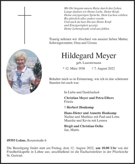 Traueranzeigen Von Hildegard Meyer Om Trauer De