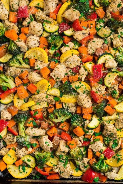 Sheet Pan Chicken With Rainbow Vegetables Lemon And Parmesan