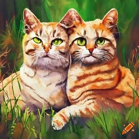 Two Calm Cats Painted With Watercolor Cats Hugging Each Other