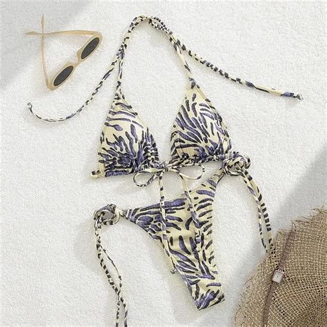 String Halter Triangle Bikini Set Leopard Print Micro Thong Swimwear