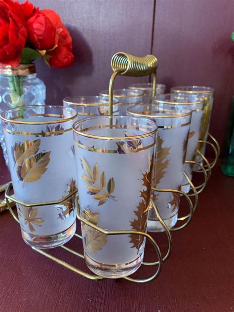 Vintage Libbey Golden Foliage Glasses And Caddy Set Of 8 Vintage Barware Lemonade Glasses