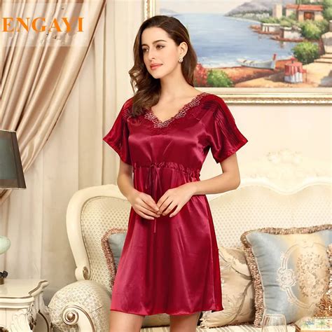 2016 Plus Size Women Silk Satin Nightgown Night Dress Sexy Lace Robes Bathrobe V Neck Nightdress