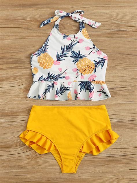 Pineapple Print Ruffle Hem Halter Top Swimsuit With Bikini Bottom