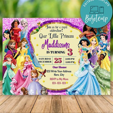 Editable Disney Princess Party Invites Print at Home | Bobotemp