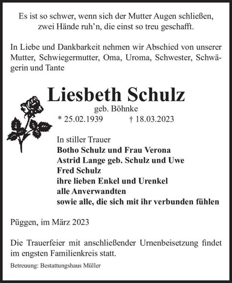 Traueranzeigen Von Liesbeth Schulz Geb B Hnke Abschied Nehmen De