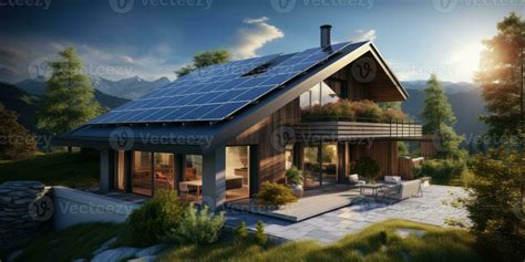 Realistic design of a modern house with solar panels the roof. Green ...