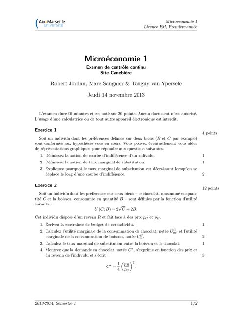 Examen type pratique 2014 questions Microéconomie 1 Licence EM