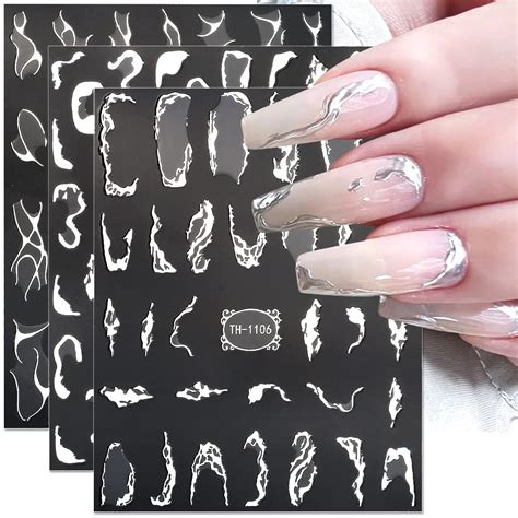 6 Sheets Metallic Silver Lines Nail Stickers 3D Wave Lines Nail Art ...