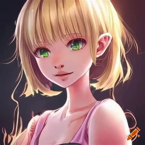 Anime Girl With Blonde Hair And Green Eyes Wearing A Light Pink T Shirt On Craiyon