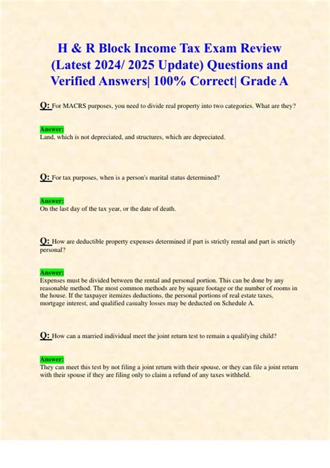 H & R Block Income Tax Final Exam Review (Latest 2024/ 2025 Update