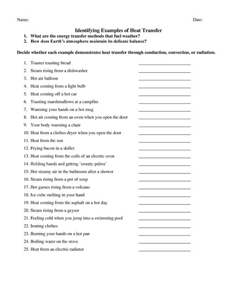 Heat Transfer Worksheet 1 Name Date Identifying Examples Of Heat