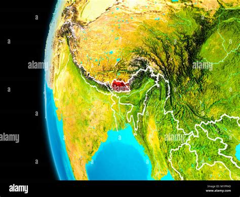 Bhutan As Seen From Earths Orbit On Planet Earth Highlighted In Red