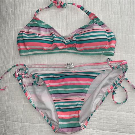 Stipe Bikini Set Halter Top Size Small Side Tie Depop