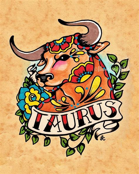 Taurus Zodiac Print Tattoo Art Bull Astrology Sign 5 X 7 8 X Etsy España Old School Tattoo