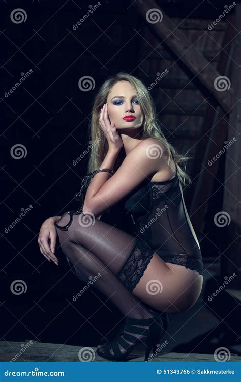 Sensual Blonde Woman Posing With Handcuffs Stock Photo Image Of Seductive Lingerie 51343766