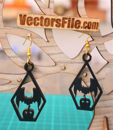 Laser Cut Wooden Earring Bat With Pumpkin Halloween Jewelry Design Dxf