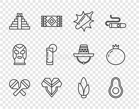 Maracas Avocado Vrucht Hot Chili Pepper Pod Poncho Chichen Itza In Mayan Tequila Glass Met