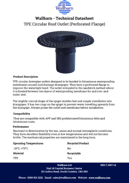 Datasheet Tpe Circular Roof Outlet Round Shank 240mm L Perforated Flange Wallbarn Ltd